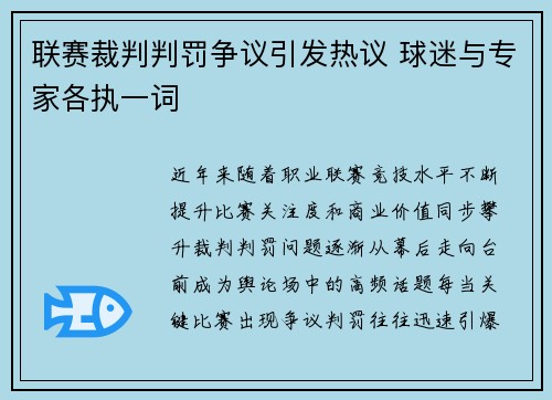 联赛裁判判罚争议引发热议 球迷与专家各执一词